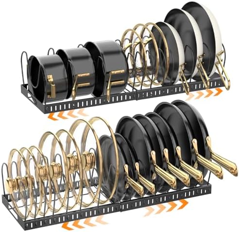NomNest 2PACK Expandable (12"-24") Pots and Pans Organizer Under Cabinet with 32 Adjustable Dividers for Kitchen, Pot Lid Organizers Inside Cabinet, Pan Lid Holder