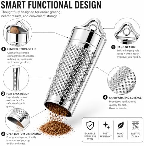 HIC Kitchen Nutmeg Grater, Stainless Steel, Grates Nutmeg, Cinnamon Sticks, Block Chocolate, Ginger, and Hard Cheeses