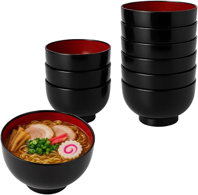 JapanBargain, 10-Pack Authentic Japanese Plastic Ramen Bowl, Black and Red Lacquered Style Noodle Soup Bowl, Made in Japan, Food Safe BPA Free, Microwave and Dishwasher Safe, 38 oz
