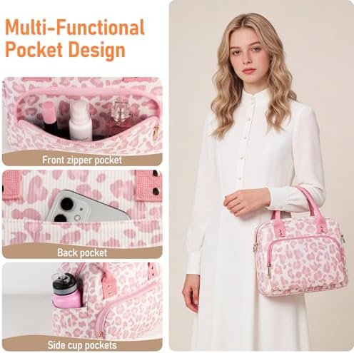 Lunch Bag Large Insulated Lunch Box for Women Adult Cute Pink Leopard Lunchbox Corduroy Lunch Bags Boxes Pail with Shoulder Strap for Work Mom Picnic Office Travel 11.4×6.8×9.1 inches 11.5L