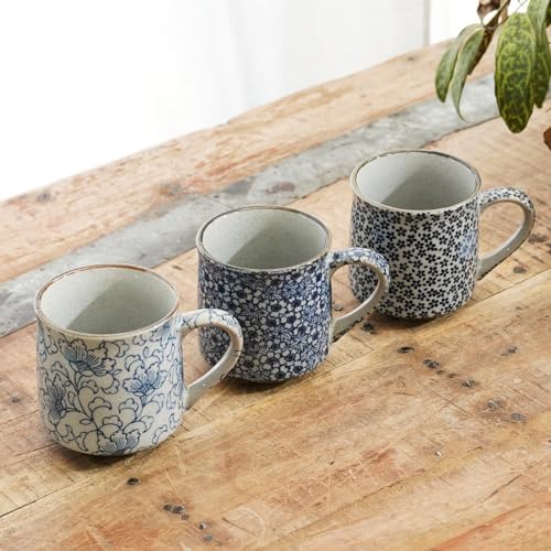 Nostalgic Mino Ware Ceramic Sometsuke Small Mug Cup - Japanese Crafted, Floral Pattern, Comfort Grip Handle, For Coffee and Green Tea or Soup, Matcha Tea, Gift Box Included (Arabesque)