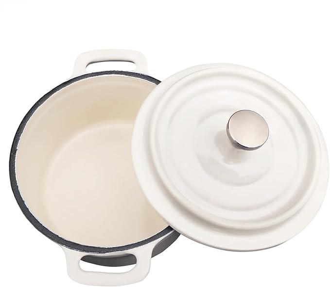 Mini Cocotte 8 oz Mini Dutch Oven 0.25 qt. Cast Iron Garlic Roaster for Oven Garlic Confit Pot Ramekins with Lids Oven Safe Set of 2, White