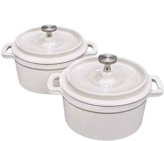 Mini Cocotte 8 oz Mini Dutch Oven 0.25 qt. Cast Iron Garlic Roaster for Oven Garlic Confit Pot Ramekins with Lids Oven Safe Set of 2, White