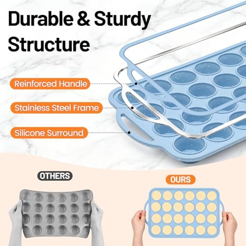 Mini Muffin Pan, Metal Reinforced Frame Cupcake Pans 24-Cup Silicone Molds