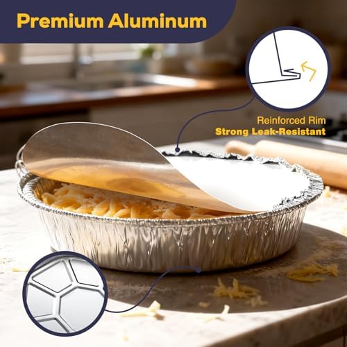 Fit Meal Prep 45 Pack 9” Round Aluminum Foil Pans with Lids, Pie Tins Disposable 9 inch with Lids, Take Out Containers, Freezer Oven Safe Aluminum Baking Pans for Storing, Cooking, Storage, Reheating