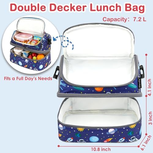 FlowFly Kids Double Decker Cooler Insulated Lunch Bag Large Tote for Boys, Girls, Men, Women, With Adjustable Strap, Astronaut