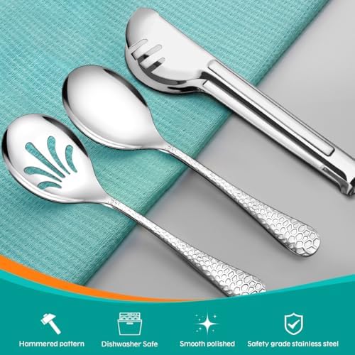 Teivio Hammered Stainless Steel Metal Serving Utensils Set of 12, 10" Serving Spoons, 10" Slotted Spoons, 9" Serving Tongs, Large Hostess Serving Set for Parties Chafing Dish Buffet Catering (Silver)