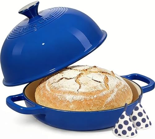 Enamelled Cast Iron Dutch Oven Pot – Dutch Oven Pot with Lid For Sourdough Bread Baking – Cast Iron Bread Oven – Dark Blue, Umite Chef 6QT Pot with Lid & Cotton Potholders