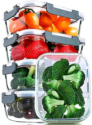 M MCIRCO 5 Pack,30 oz Glass Food Storage Containers with Lids, Gray