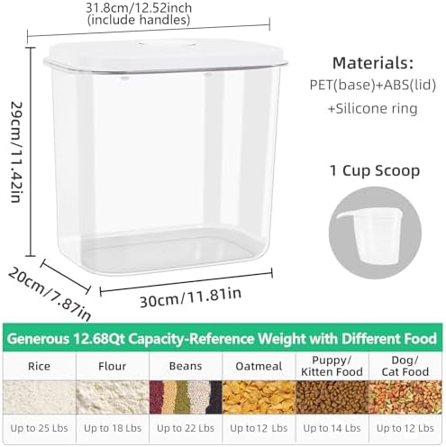 Airtight Rice Container 25 Lbs with Handle and Cup – 12.68Qt Large Flour Sugar Storage Container with Pop Up Seal & Hanging Lid Hooks, Clear Tall Food Storage Bin for Kitchen Pantry Organization