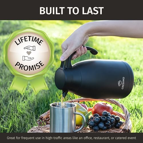 Cresimo 68 Oz Stainless Steel Black Thermal Coffee Carafe/Double Walled Vacuum Flask / 12 Hour Heat Retention / 2 Liter Tea, Water, and Coffee Dispenser