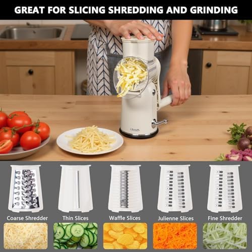 Rotary Cheese Grater with Handle, 5-Blade Cheese Shredder, BPA-Free (White)