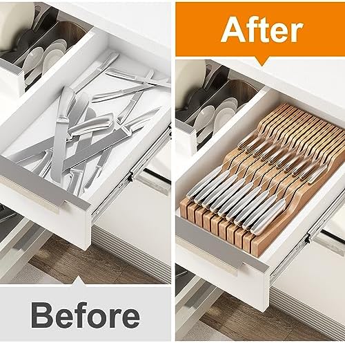 In-Drawer Knife Block Organizer - Bamboo Wood Drawer Knife Organizer-Protecting Knife Organizer Block (Not Included) (Natural, 19 Knives Dock)