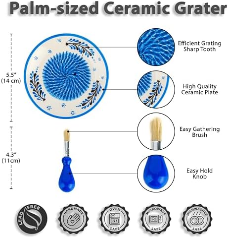 Ceramic Garlic Grater Plate - Handmade 4 Pcs Press - Natural Grinder - Decorative Mincer - Ginger, Cheese Grater - Hand Dish for Garlic (Blue)