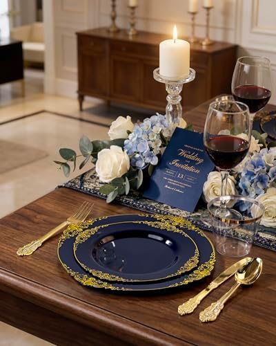 Nervure 350Pcs Blue Plastic Plates, Disposable Dinnerware Set for 50 Guests