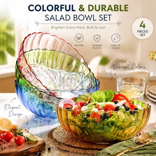 Fasmov 4 Pack Plastic Serving Bowls, Plastic Salad Mixing Bowls, 74oz Break Resistant Plastic Bowls for Salad, Fruit, Popcorn, Chip and Dip, Multicolor