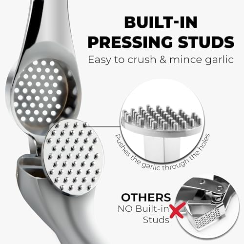 Zulay Kitchen Premium Garlic Press Set – Rust Proof & Dishwasher Safe Garlic Mincer Tool with Silicone Garlic Peeler & Brush, Easy Squeeze & Clean, Ergonomic Soft Grip Handle - Medium – Chrome