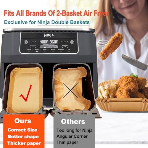 Ninja Foodi Air Fryer Liners, Ninja Air Fryer Liners Disposable, Ninja DZ071 Foodi Ninja Dual Air Fryer Parchment Paper Liners, Rectangular Airfryer Paper Liners, Rectangle 2 Basket Liners (Pack of 3)