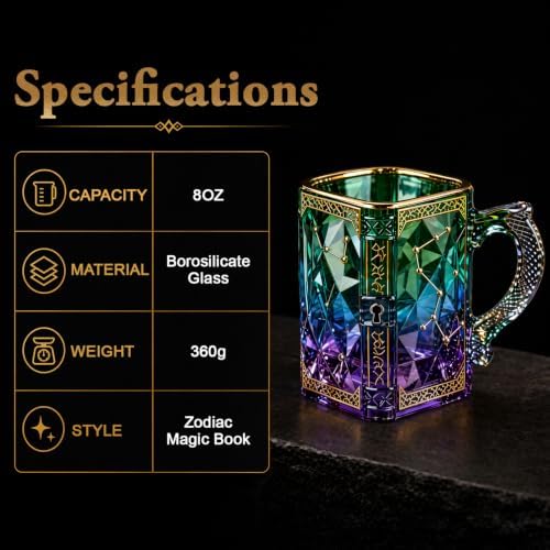 FACE N FACE Zodiac Glass Mug, 8 oz Celestial Constellation Coffee & Tea Cup with Dragon Scale Handle, Green Purple Astrology Mug, Witchy Magic Cup for Halloween Christmas Gift