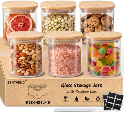 SENTVEND 24 Oz Glass Jars - 6 Pack Food Storage Containers with Lids Square