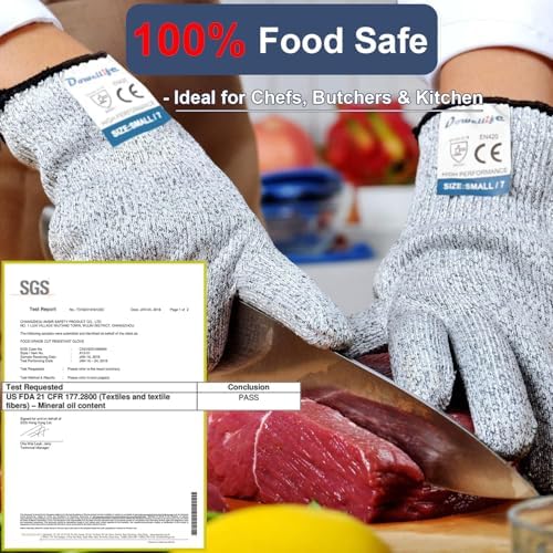 Dowellife Cut Resistant Gloves Food Grade Level 5 Protection, Safety Kitchen Cuts Gloves for Oyster Shucking, Fish Fillet Processing, Mandolin Slicing, Meat Cutting and Wood Carving. (Small-3 Pairs)
