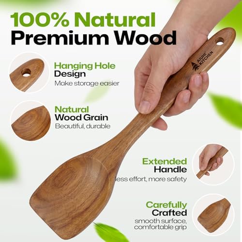 AIUHI Wooden Spatula, Natural Teak Wood Cooking Spatula, Long Handle Non-Stick Safe Wooden Turner, Heat Resistant Kitchen Utensil for Stir Frying Serving Wok Cooking