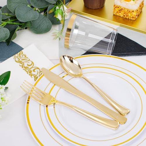350 Pieces White and Gold Plastic Plates - 50 Guest Dinnerware Set Include 100 Plates, 50 Gold Plastic Silverware, 50 Paper Napkins and 50 Cups for Wedding/Baby Shower/Birthday/Party