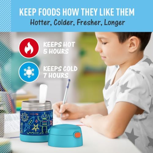 THERMOS FUNTAINER Kids Food Jar with Spoon, 10oz, Robot Doodles