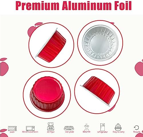100Pcs Aluminum Cups with Lids,5oz Disposable Ramekin Baking Cups Muffin Liners Mini Pie Pans Foil Cupcake Containers for Christmas Party Wedding Party,Red