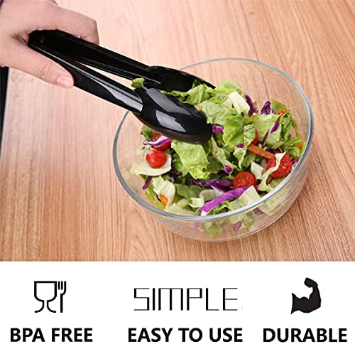 Plastic Tongs for Kitchen, Disposable Utensils Set, 12 Pieces, 9 Inch Heavy Duty Scalloped Salad Serving Tongs, Food Safe Material, Perfect for Buffets and BBQ (12, Black)