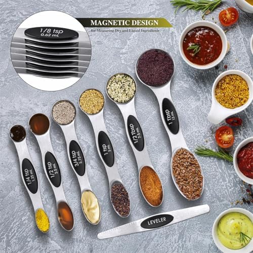 Measuring Cups & Spoons Set of 16, BOBIPRO Stainless Steel 8 Nesting Measure Cups Set & 7 double-sided Magnetic Measuring Spoons Set & 1 Leveler for Dry and Liquid Ingredient