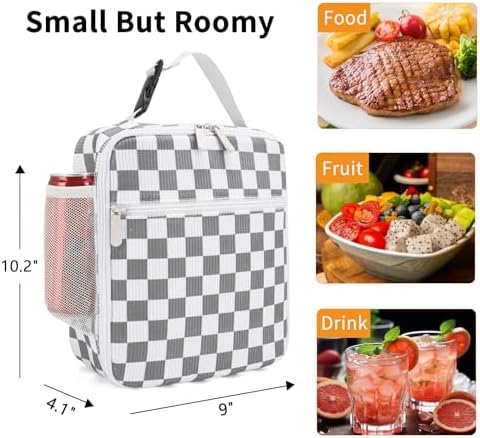 Lunch Box for Women Men Adult Insulated Lunch Bag Women Men Small Reusable Lunchbox for Work Picnic Travel (Gray-White Plaid)