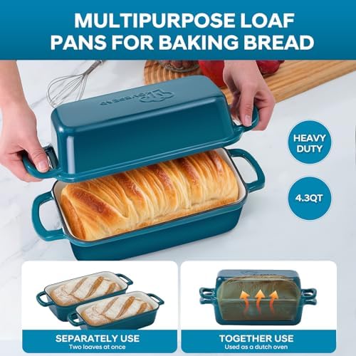 Cast Iron Loaf Pan with Lid 10x5 Inch Enameled Bread Loaf Pan for Sourdough, 2 Piece Set, Emerald