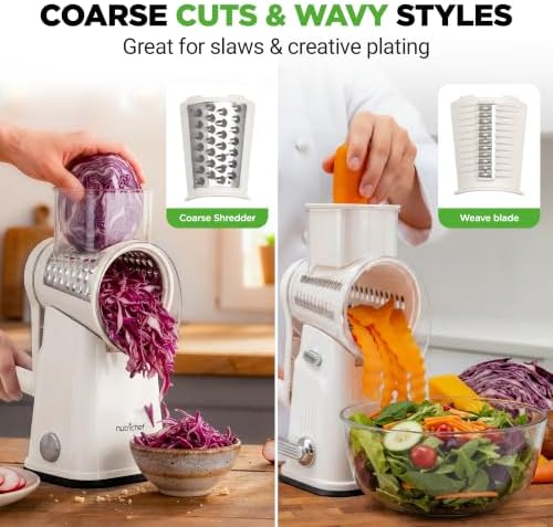 NutriChef 5 in 1 Cheese Grater & Shredder | 5 Different Blades for Thin, Thick, Julienne Strips, Wavy, & Straight Strips | Includes Hand Crank, Strong Suction Base & Storage Container | White