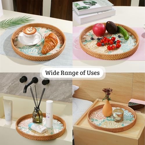 Round Rattan Tray with Mother of Pearl Inlay, Wooden Base