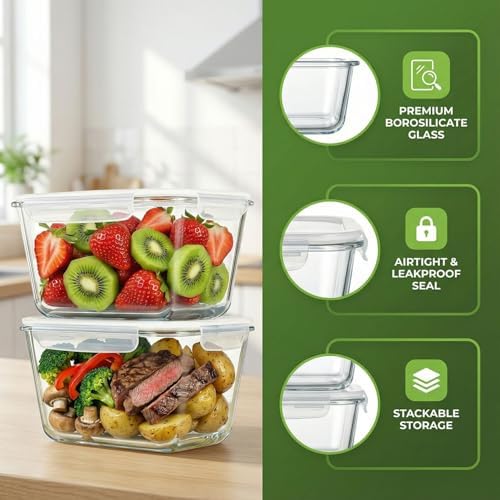 2 Pack Large Glass Food Storage Containers with Lids 85oz/10.5cup Big Airtight Storage Containers for Rotisserie Chicken Meal Prep Leftovers, BPA Free & Leak Proof, Microwave, Oven Safe (transparent)