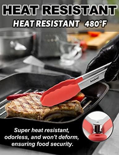 Anaeat Non-Stick Silicone Locking Tong Set of 3 - Stainless Steel 7", 9" and 12" Kitchen Food Tongs with Non-Slip Silicone Tips and Grip for Cooking, Baking and BBQ - Heat Resistant up to 480°F