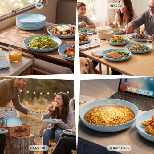 Homienly Wheat Straw Deep Plates 9 Inch Unbreakable & Lightweight Plastic Dinner Plates Alternative for Dessert, Sandwich 8 PCS Microwave & Dishwasher Safe Reusable Plate for Camping, RV-Light Blue