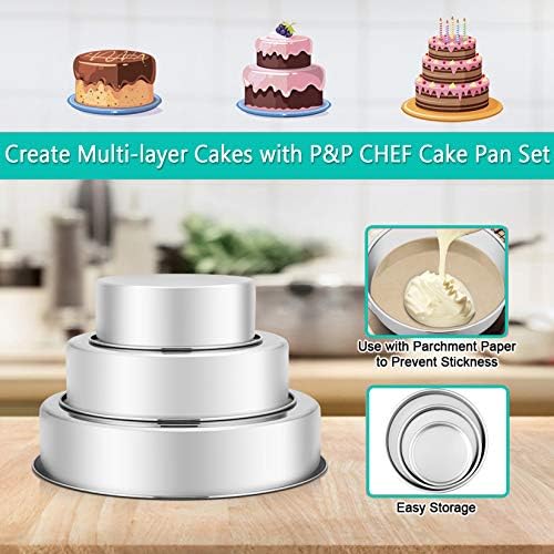 P&P CHEF Cake Pan Set of 3, 6" + 8" + 9.5" Round Baking Layer Cake Pan Tin