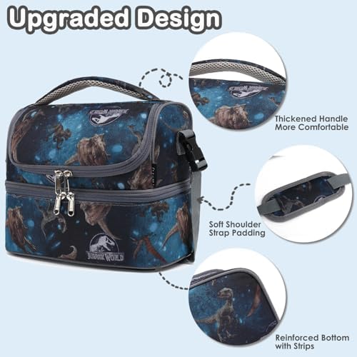 FlowFly Double Decker Cooler Insulated Lunch Bag Large Tote for Boys, Girls, Men, Women, With Adjustable Strap, MyDinosaur