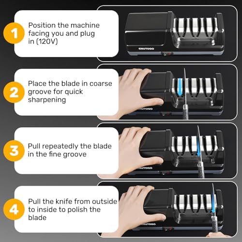 Enutogo Knife Sharpener, 3-Stage Electric Knife Sharpener for Kitchen Knives, 100% Diamond Abrasive with Quick Sharpening & Polishing, Professional Sharpening Tool with Metal Dust Collection Box