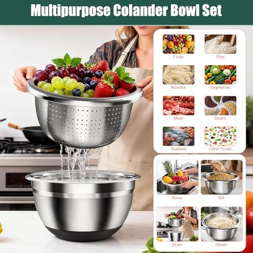 Stainless Steel Mixing Bowls Set with Lids & Silicone Base,7‑Piece Set