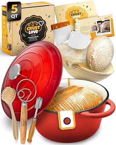 CRUSTLOVE 5 QT Enameled Dutch Oven for Bread Baking with Lid & Baking Set