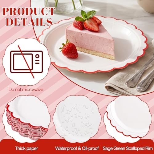 NatNarr 30 Pcs Red Paper Plates 9" Scalloped Red White Party Plates