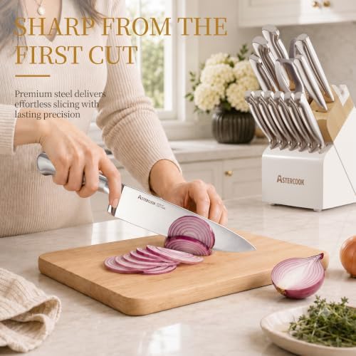 Astercook Knife Set for Kitchen with Block Sharpener 14Pcs Dishwasher Safe