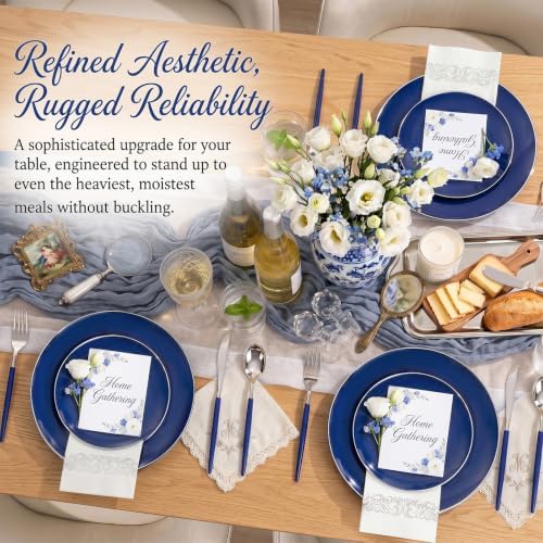 KIRE 175Pcs Blue Plastic Plates with Silver Rim & Disposable Silverware with Blue Handle & Silver-rim Cups & Hand Napkin & Plastic Dinnerware for Parties/Wedding