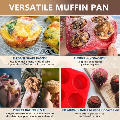 Silicone Muffin Pan 6 Cup, European LFGB Silicone Cupcake Baking Pan - Set of 2, Non-Stick Muffin Tins, LFGB Approved Egg Muffin Tray, Food-Grade Muffin Molds