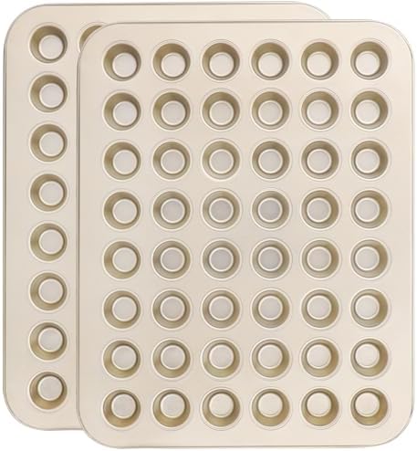 Beasea Nonstick Mini Muffin Pan 48 Cups, 2 Pack 48 Mini Small Tiny Cup Non Stick Muffin Baking Pan Tin Tray Carbon Steel Bakeware Individual Cupcake Baking Pan - Gold