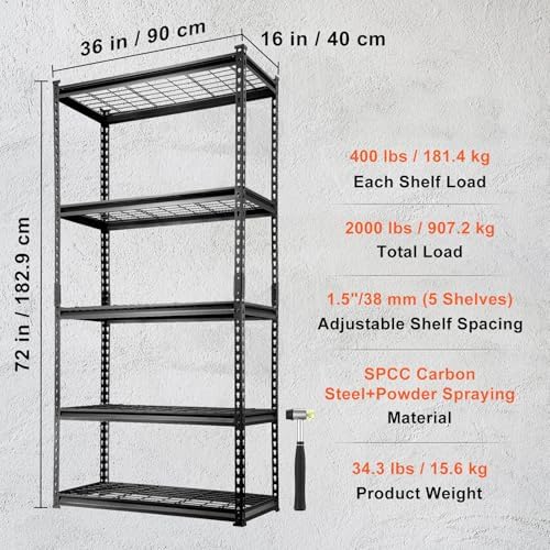 VEVOR Storage Shelving Unit, 5-Tier Adjustable, 2000 lbs Capacity, Heavy Duty Garage Shelves Metal Organizer Wire Rack, Black, 36" L x 16" W x 72" H for Kitchen Pantry Basement Bathroom Laundry Closet