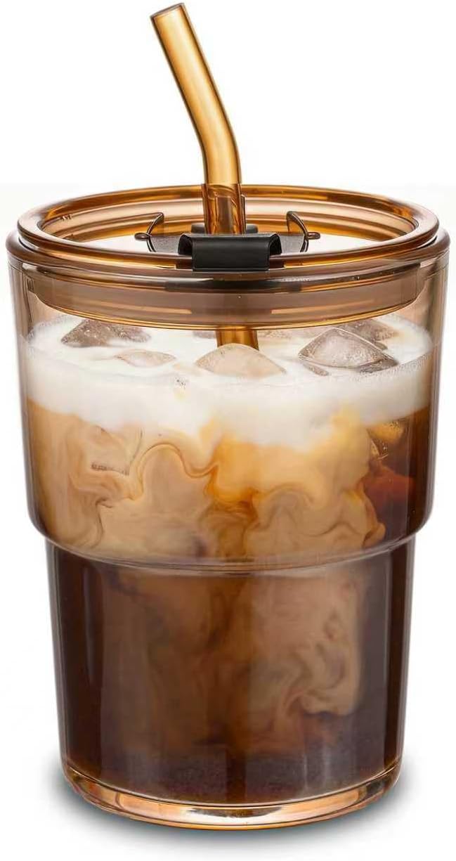 13oz Iced Coffee Cups, Glass Tumbler with Straw and Lid Sealed Carry On Thick Wall Glass Cups with Lid, Reuseable Water Cups for Smoothies, Matcha, juice （Amber